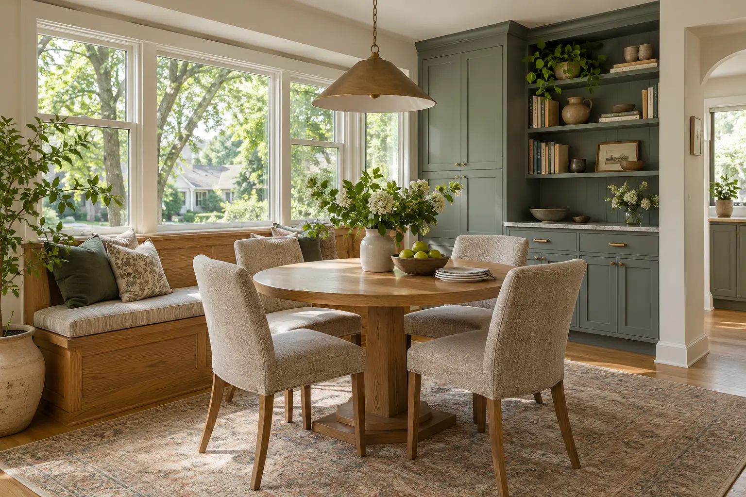 Design inspiration: welcoming dining nook with oak seating, green cabinetry, and views of mature trees