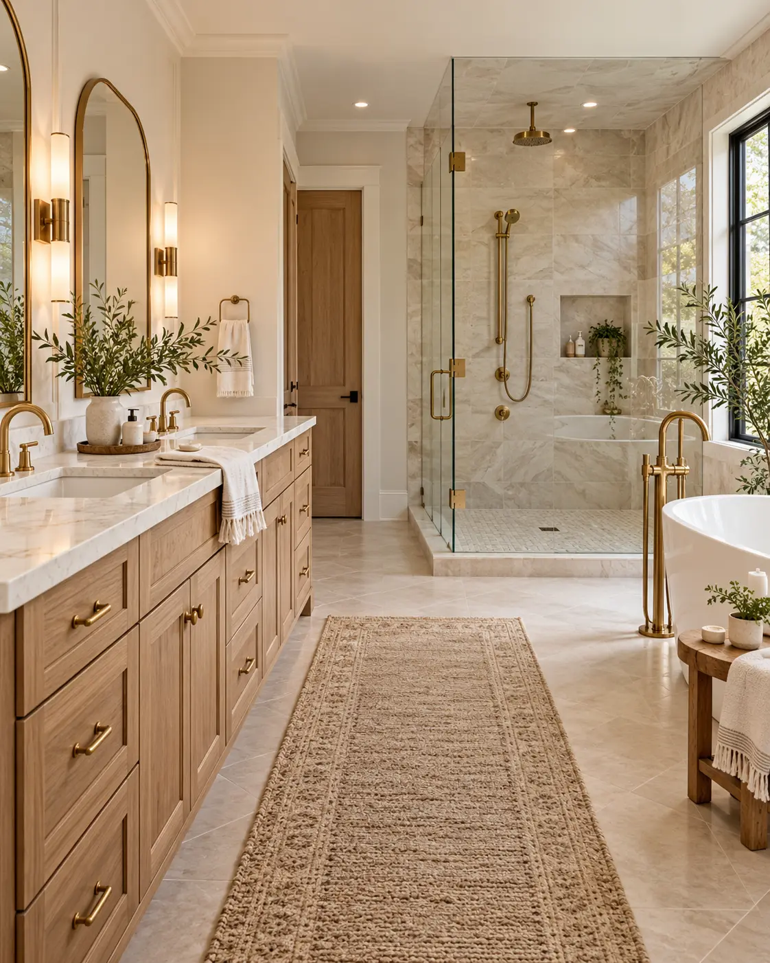 Design inspiration: high-end bathroom with natural stone, warm wood, and brass fixtures