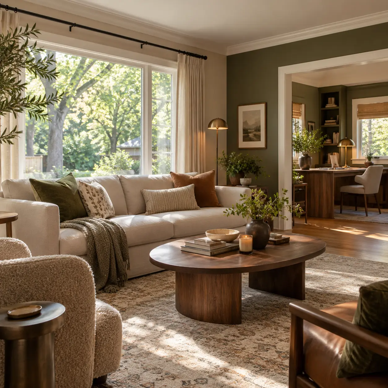 Design inspiration: comfortable living room with an adjoining home office and mature trees outside